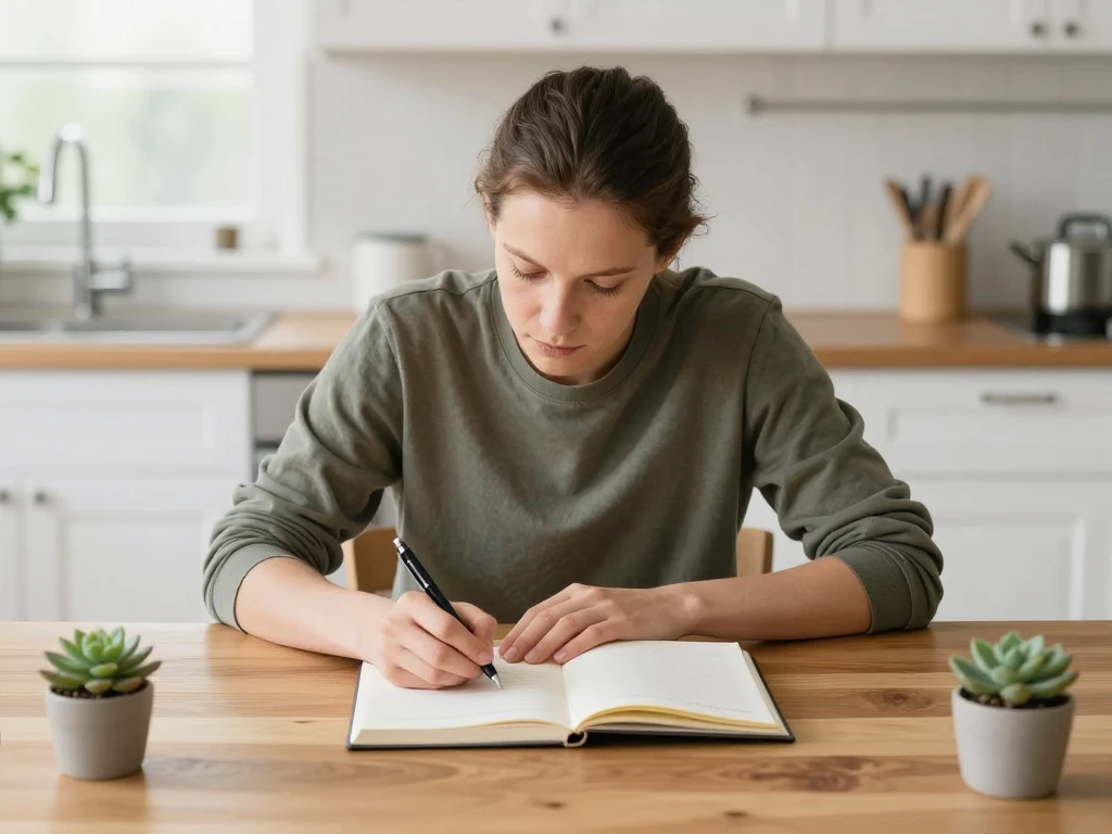 Person som planerar hållbara vanor vid köksbord